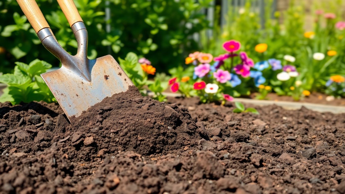 Healthy garden soil with plants and flowers.