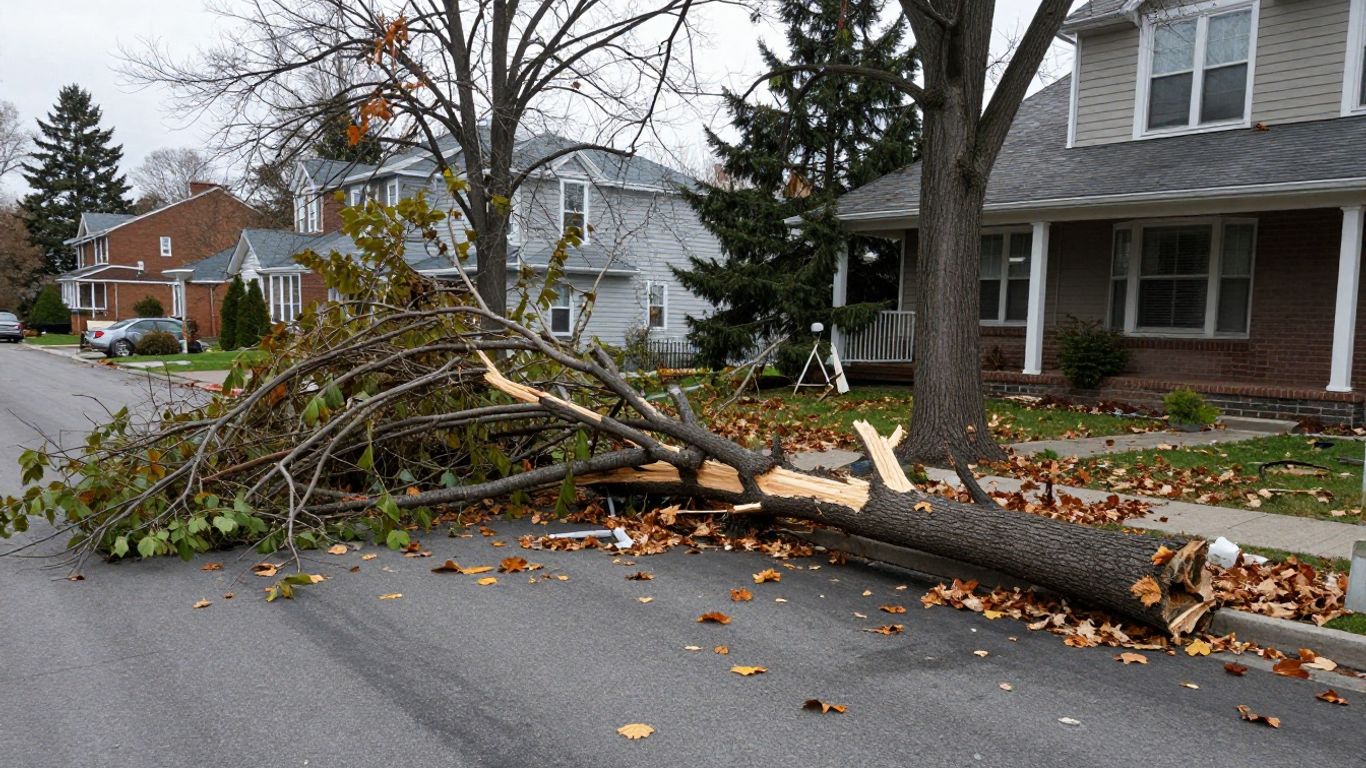 Broken tree branches on a Fredericton street after a storm.
