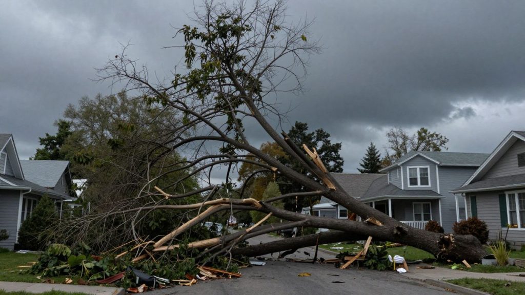 Storm-damaged trees in a residential yard.