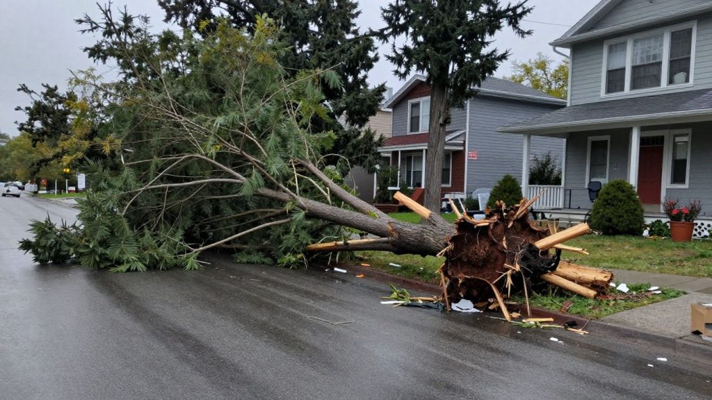 Uprooted and damaged trees after a storm in Fredericton.