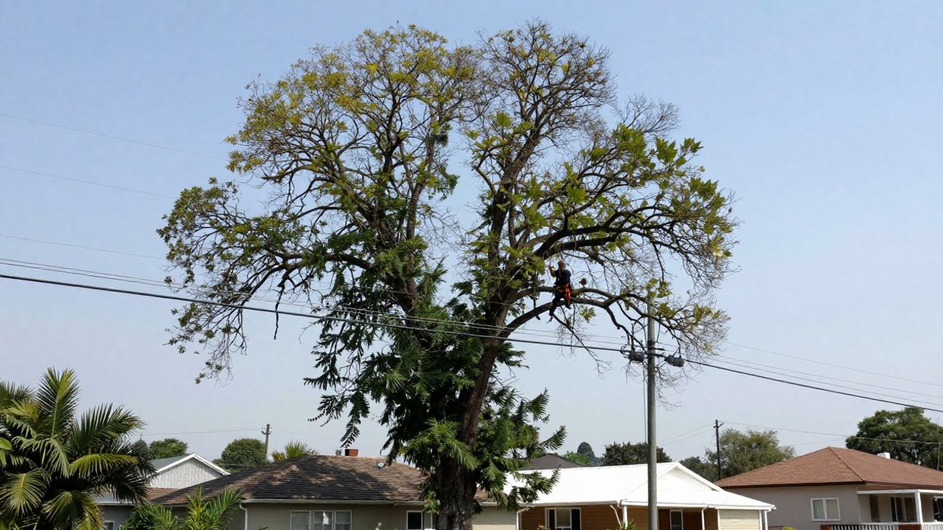 Tree branches near power lines with a worker.