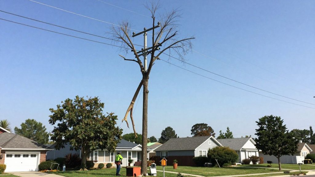 Tree near power lines, worker preparing for removal.